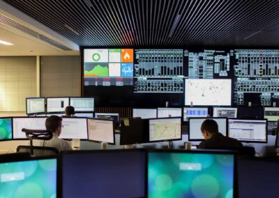 Monitoring station with multiple stations and a large video wall.