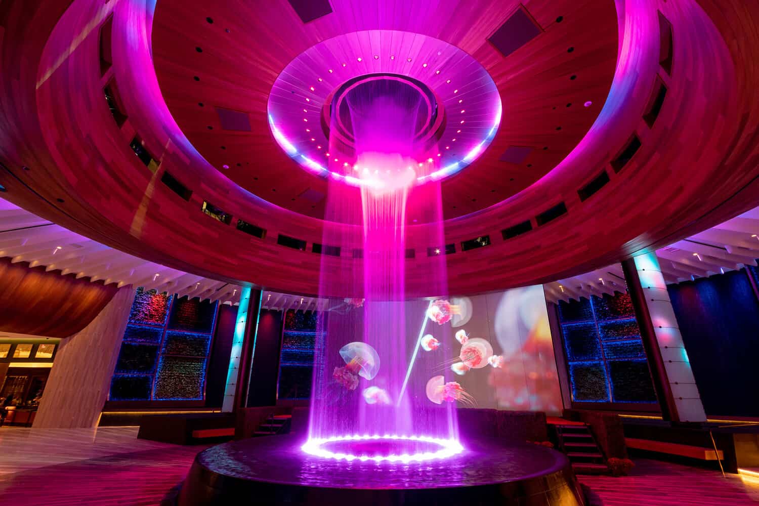 Illuminate vibrant water fountain with pink/purple lights; jets sync with jellyfish visuals for a modern, artistic ambiance.