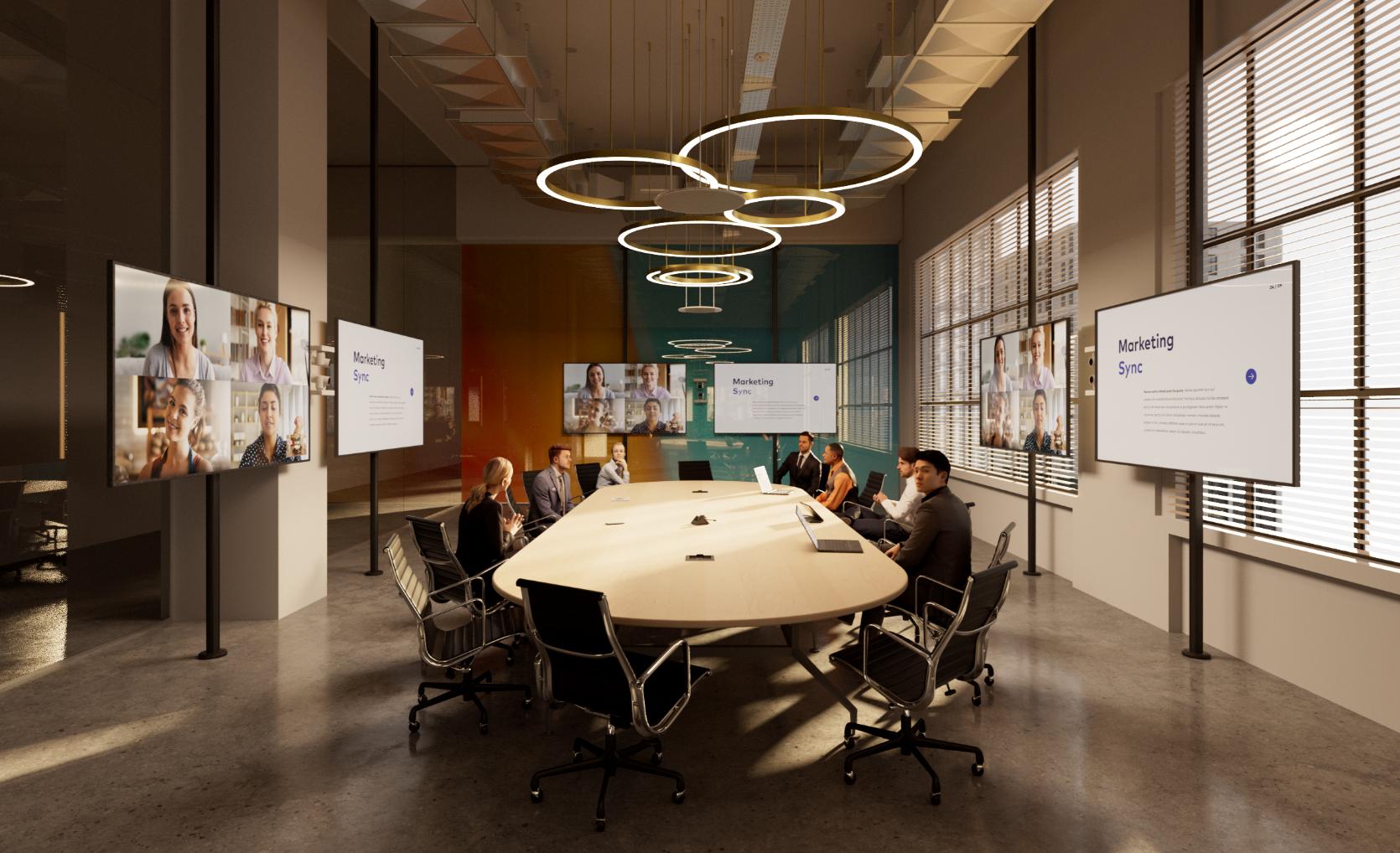 A modern Crestron conference room with 8 people around an oval table, Marketing Sync on screens, bright lights, and natural window light.
