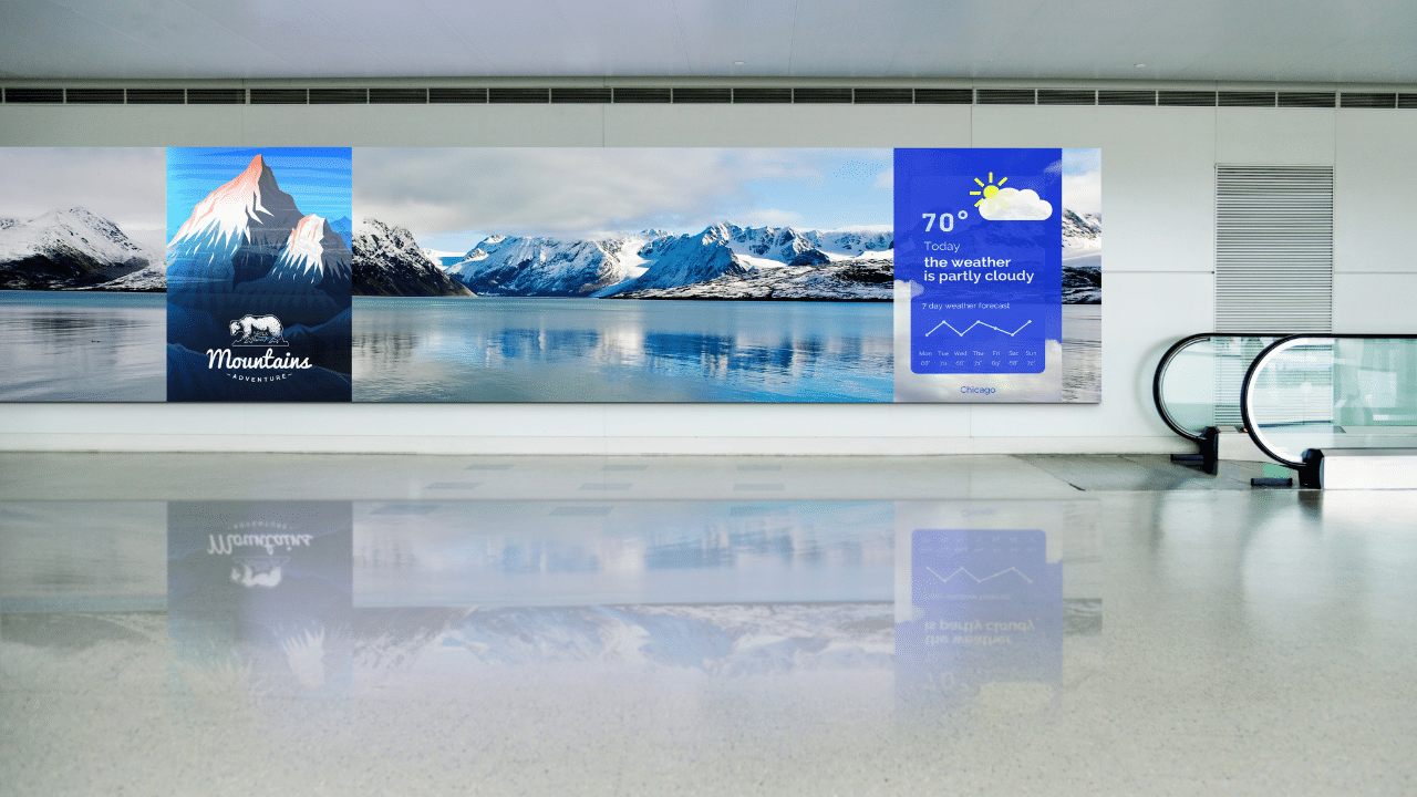 Billboard of snowy mountains by weather display: 70° Partly Cloudy, Chicago with icons. Escalator on the right.