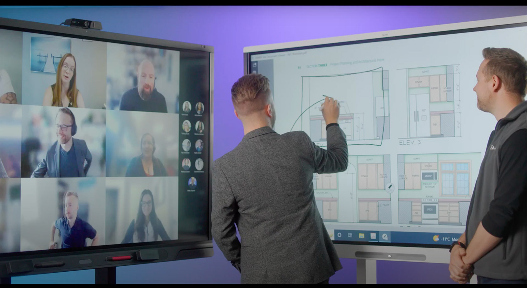 Man showing his drawings on a smart board to other people in a virtual meeting room