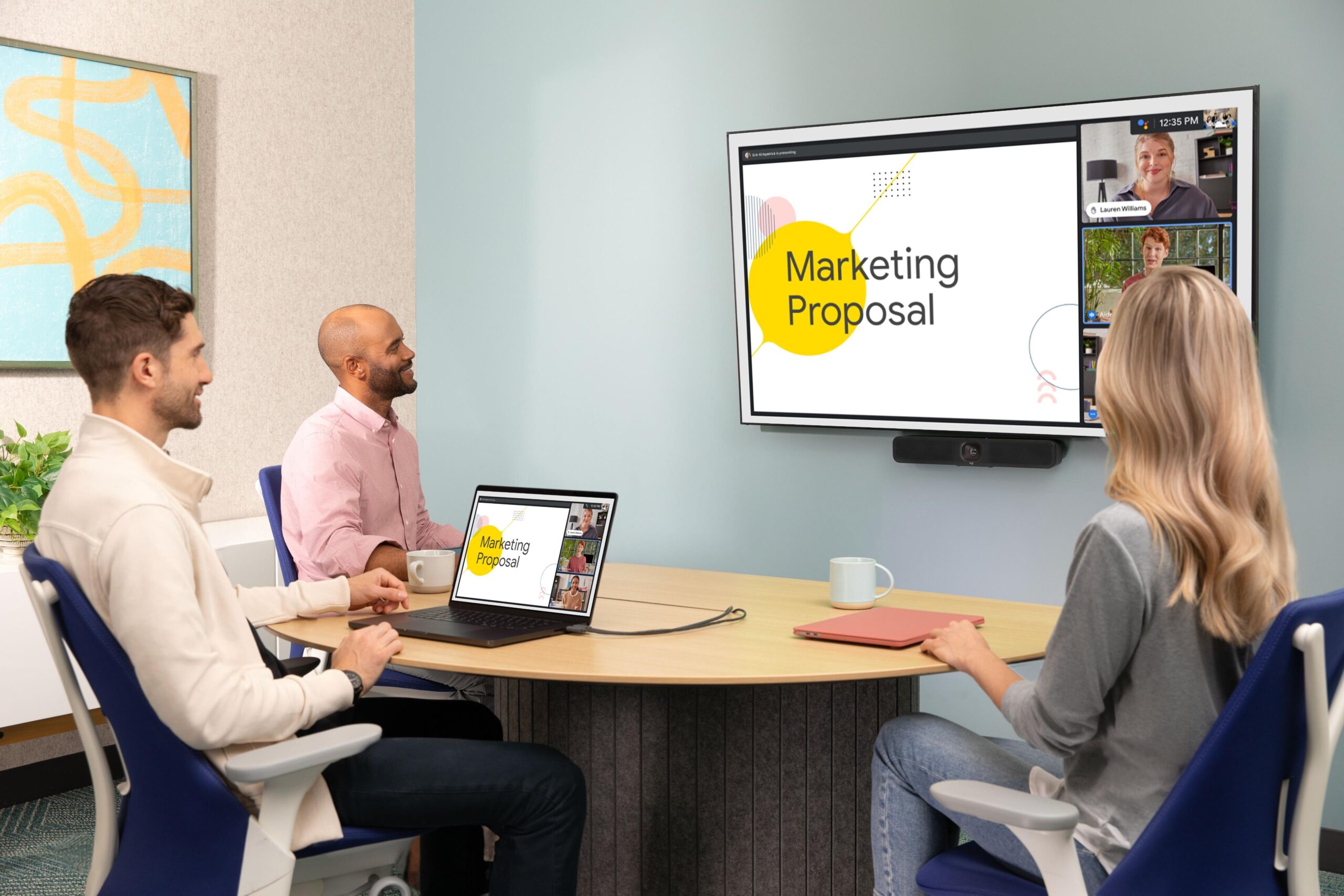 People in huddle room using Google Meet